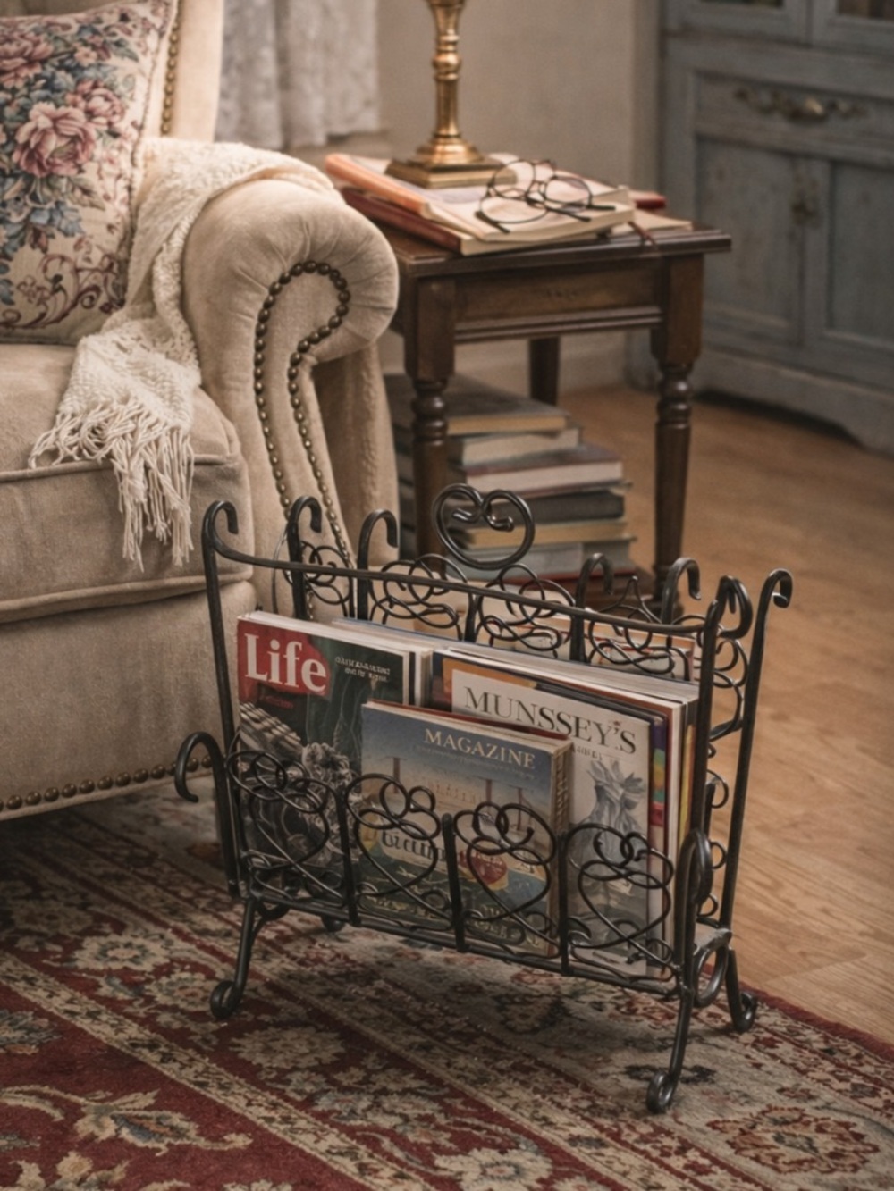 Vintage Ornate Wrought Iron Magazine Rack